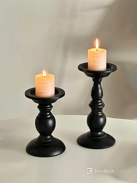 Decorative Ornament Set With Black Candle Holders And Lit Candles 3d model 