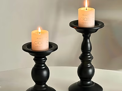 Decorative Ornament Set With Black Candle Holders And Lit Candles 3d model