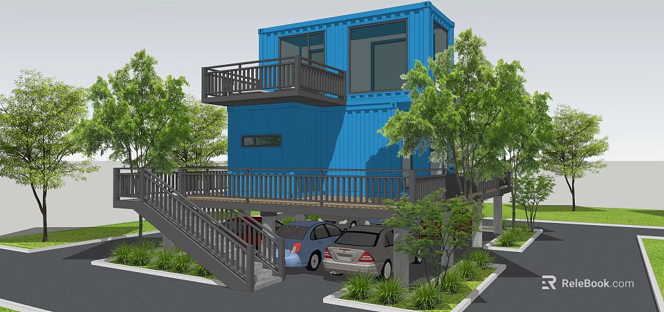 Blue Two Story Container Building With Balcony And Parking Space Surrounded By Greenery 3d model 