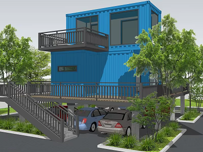 Blue Two Story Container Building With Balcony And Parking Space Surrounded By Greenery 3d model