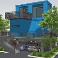 Blue Two Story Container Building With Balcony And Parking Space Surrounded By Greenery