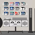 HiFi Audio Setup With Vinyl Records Wall Display And Tower Speakers System