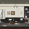 Classic Living Room Interior Design With Black Leather Sofa Coffee Table Chandelier And Decorative Paintings