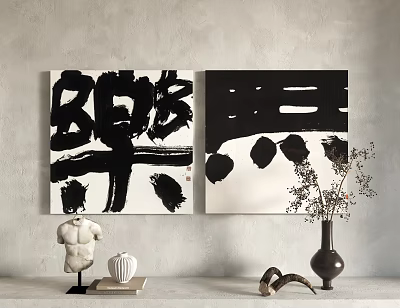 Abstract Paintings And Decor Items In Minimalist Room 3d model