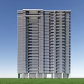 Modern High Rise Building With Glass Facade On Green Lawn And Blue Sky