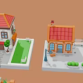 Miniature Cartoon Style Small Houses with Various Colored Roofs Green Trees Cars and Benches