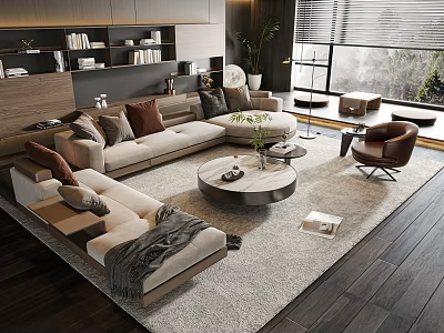 Modern Living Room L Shaped Sofa Coffee Table Set With Decorative Pillows And Area Rug 3d model