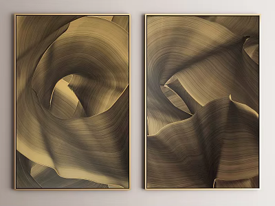 Abstract Painting With Golden Brown Wavy Texture And Gold Framed Wall Art 3d model