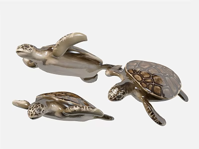 Three Ceramic Turtle Figurines In Swimming Pose For Home Decor 3d model