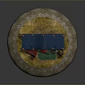Blue Medieval Tent Miniature with Wooden Barrels Cart Wheel and Round Stone Base