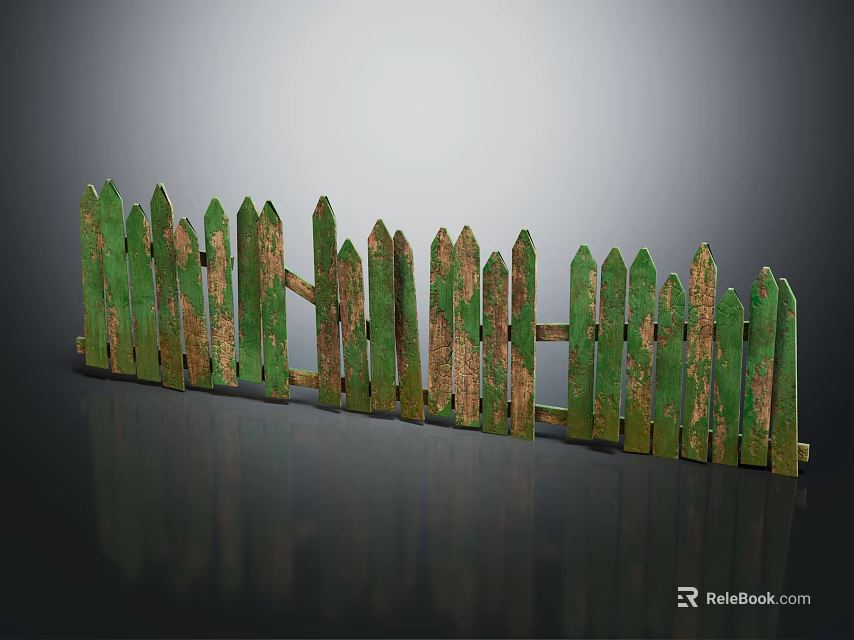 Weathered Green Wooden Fence with Pointed Tops Peeling Paint and Small Gate 3d model 