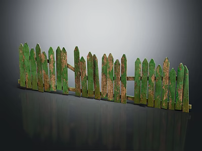 Weathered Green Wooden Fence with Pointed Tops Peeling Paint and Small Gate 3d model