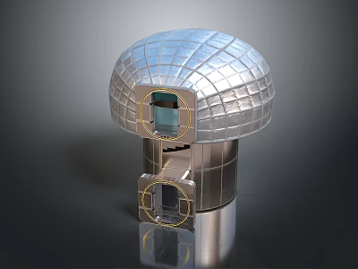 Silver Metallic Dome Structure With Grid Texture And Circular Openings On Metal Base 3d model