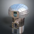 Silver Metallic Dome Structure With Grid Texture And Circular Openings On Metal Base 3d model