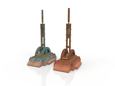 Rusted Industrial Equipment With Blue Green Reddish Brown Wheels Long Poles And Bases 3d model