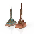 Rusted Industrial Equipment With Blue Green Reddish Brown Wheels Long Poles And Bases
