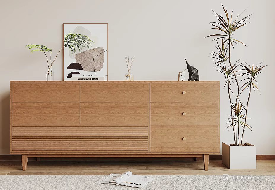 Light Wood Entryway Cabinet and Sideboard with Drawers Doors Potted Plants and Decorative Painting 3d model 