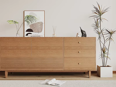 Light Wood Entryway Cabinet and Sideboard with Drawers Doors Potted Plants and Decorative Painting 3d model