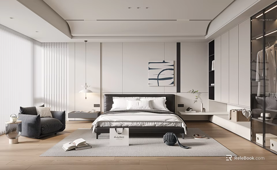 Modern Bedroom Interior Design Featuring Bed Artwork Wardrobe And Window Elements 3d model