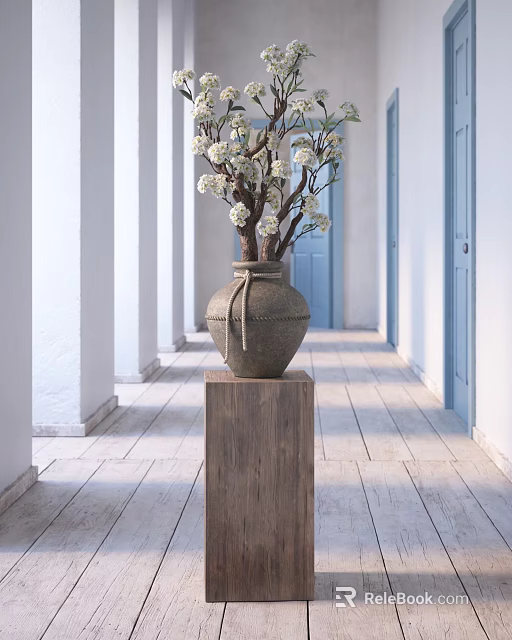Rustic Terracotta Vase With White Flowers On Wooden Pedestal In Bright Corridor With Blue Door 3d model 