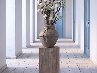 Rustic Terracotta Vase With White Flowers On Wooden Pedestal In Bright Corridor With Blue Door 3d model