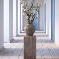 Rustic Terracotta Vase With White Flowers On Wooden Pedestal In Bright Corridor With Blue Door