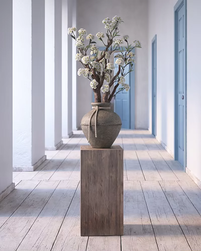 Rustic Terracotta Vase With White Flowers On Wooden Pedestal In Bright Corridor With Blue Door 3d model