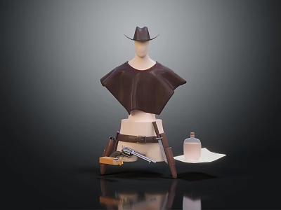 Brown Shawl On Mannequin With Cowboy Hat Gun Holster And Accessories 3d model