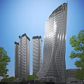 Sleek Modern High Rise Office Buildings With Curved Glass Facade And Green Trees