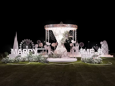 Outdoor Event Decoration Setup With MARDY Sign Carousel Ferris Wheel And Greenery 3d model