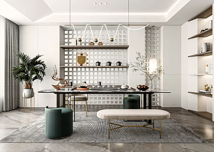Modern Tea Room Study Tea Table and Chair Tea Stool Tea Cabinet Chandelier Tea Table Tea Set Storage Rack Decorative Cabinet 3d model