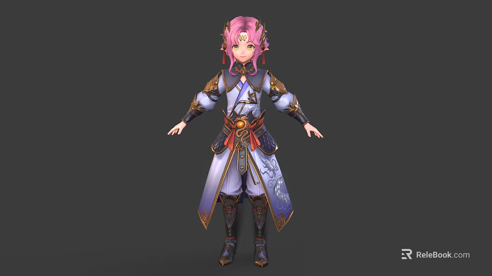 Fantasy Character With Pink Hair And Traditional Outfit Decorated By Mythical Creatures 3d model 