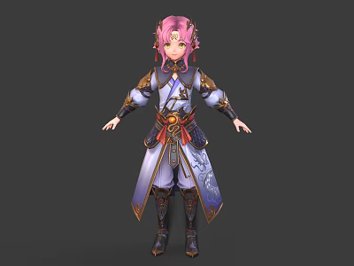 Fantasy Character With Pink Hair And Traditional Outfit Decorated By Mythical Creatures 3d model