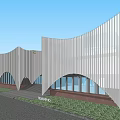 Modern Sales Office Building With Green Roof Irregular Geometric Facade And Glass Windows