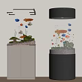 Two Rectangular And Cylindrical Aquariums With Colorful Fish Aquatic Plants And Stands