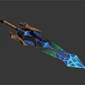 Fantasy Glowing Sword With Blue Green Blade And Orange Decorative Hilt Design