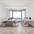 Modern Open Public Office Space With Desks Computers Red Chairs LED Lights And Marble Floor 3d model