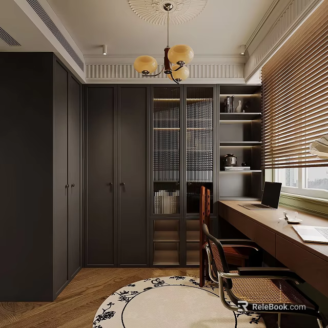 Modern Study Room With Dark Bookshelf Chandelier Laptop Desk And Window Blinds 3d model 
