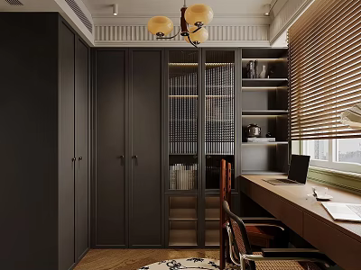 Modern Study Room With Dark Bookshelf Chandelier Laptop Desk And Window Blinds 3d model