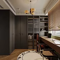 Modern Study Room With Dark Bookshelf Chandelier Laptop Desk And Window Blinds