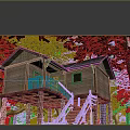 Scenic Rustic Wooden Treehouse With Balcony Staircase And Lush Trees