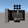 Dark Cabinets In Modern Kitchen Interior With Wooden Panels Island And Range Hood