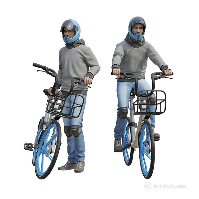 People Riding Blue Bicycles With Black Baskets Wearing Helmets Knee Pads Gray Hoodies And Jeans 3d model 