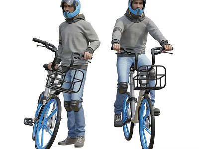 People Riding Blue Bicycles With Black Baskets Wearing Helmets Knee Pads Gray Hoodies And Jeans 3d model
