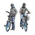 People Riding Blue Bicycles With Black Baskets Wearing Helmets Knee Pads Gray Hoodies And Jeans