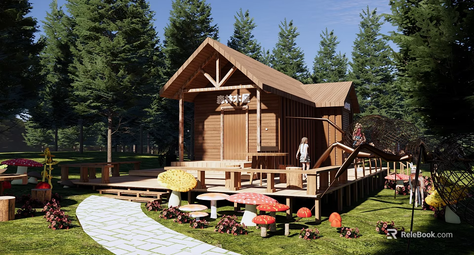 Charming Wooden Cottage In Pine Forest With Wooden Deck And Mushroom Decorations 3d model 