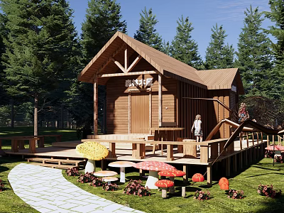 Charming Wooden Cottage In Pine Forest With Wooden Deck And Mushroom Decorations 3d model