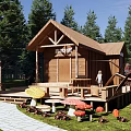 Charming Wooden Cottage In Pine Forest With Wooden Deck And Mushroom Decorations