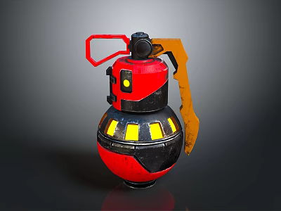 Red And Black Military Grenade With Yellow Accents Red Pull Ring And Orange Handle 3d model