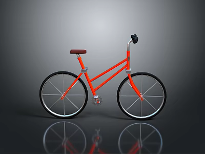 Red Bicycle With Brown Seat Black Wheels And White Spokes On Reflective Surface 3d model